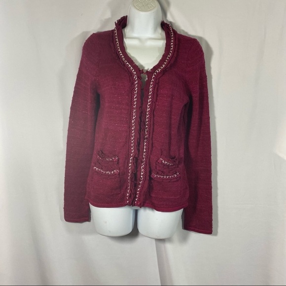 White House Black Market Cardigan Sweater Ruffle Chain Trim Hook And Eye Closure - Picture 7 of 8
